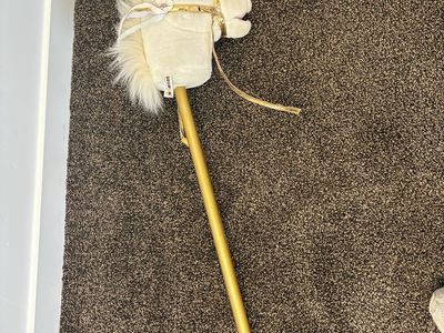 White Unicorn Hobby Horse with Gold Stick - Good Condition Toy