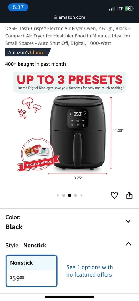 Dash Tasti-Crisp Air Fryer, 2.6 qt, Black, New