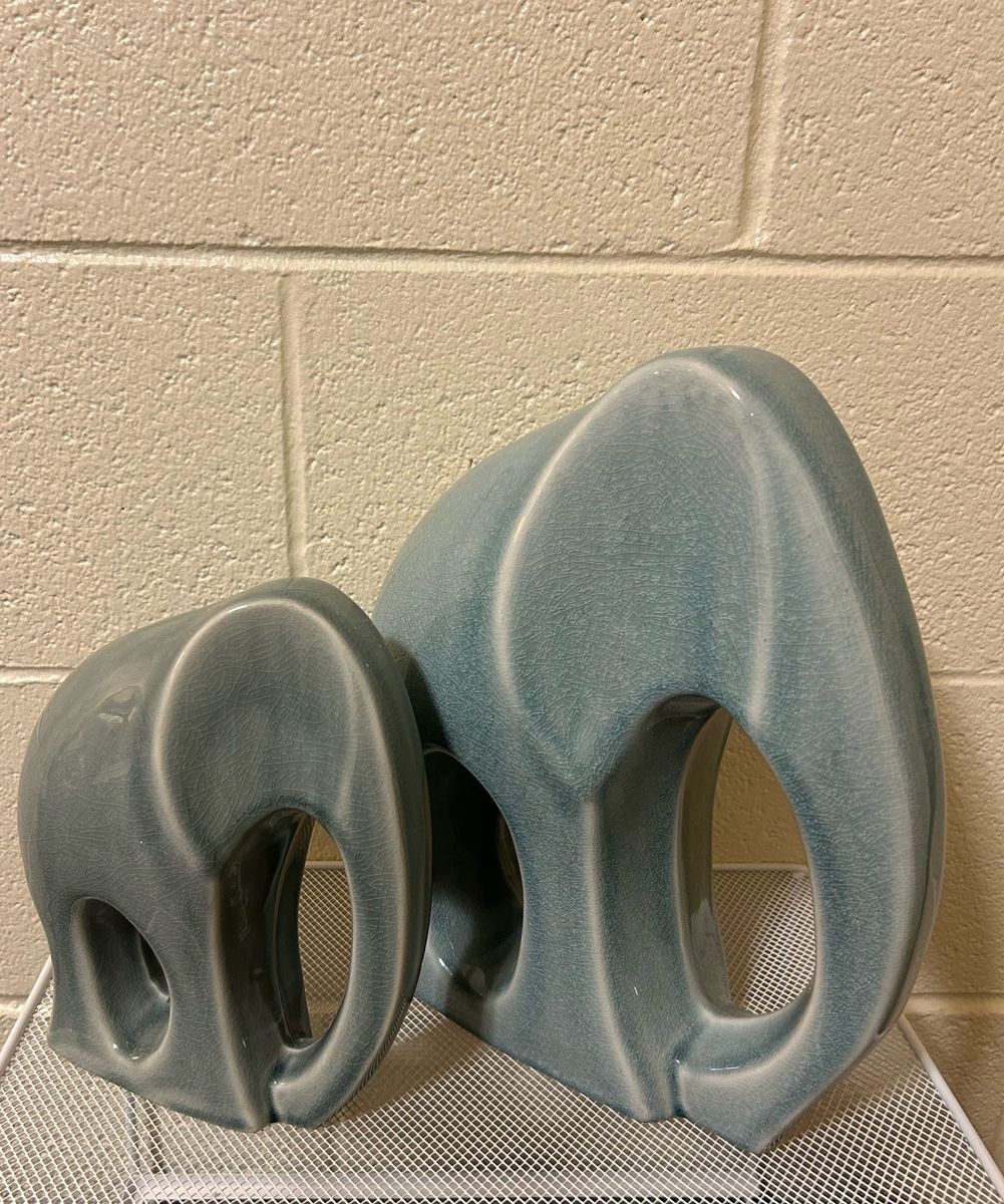 Ceramic Elephant Figurines - Set of 2 Modern Abstract Decor Crackle Glaze Gray-Blue Cash Only Please