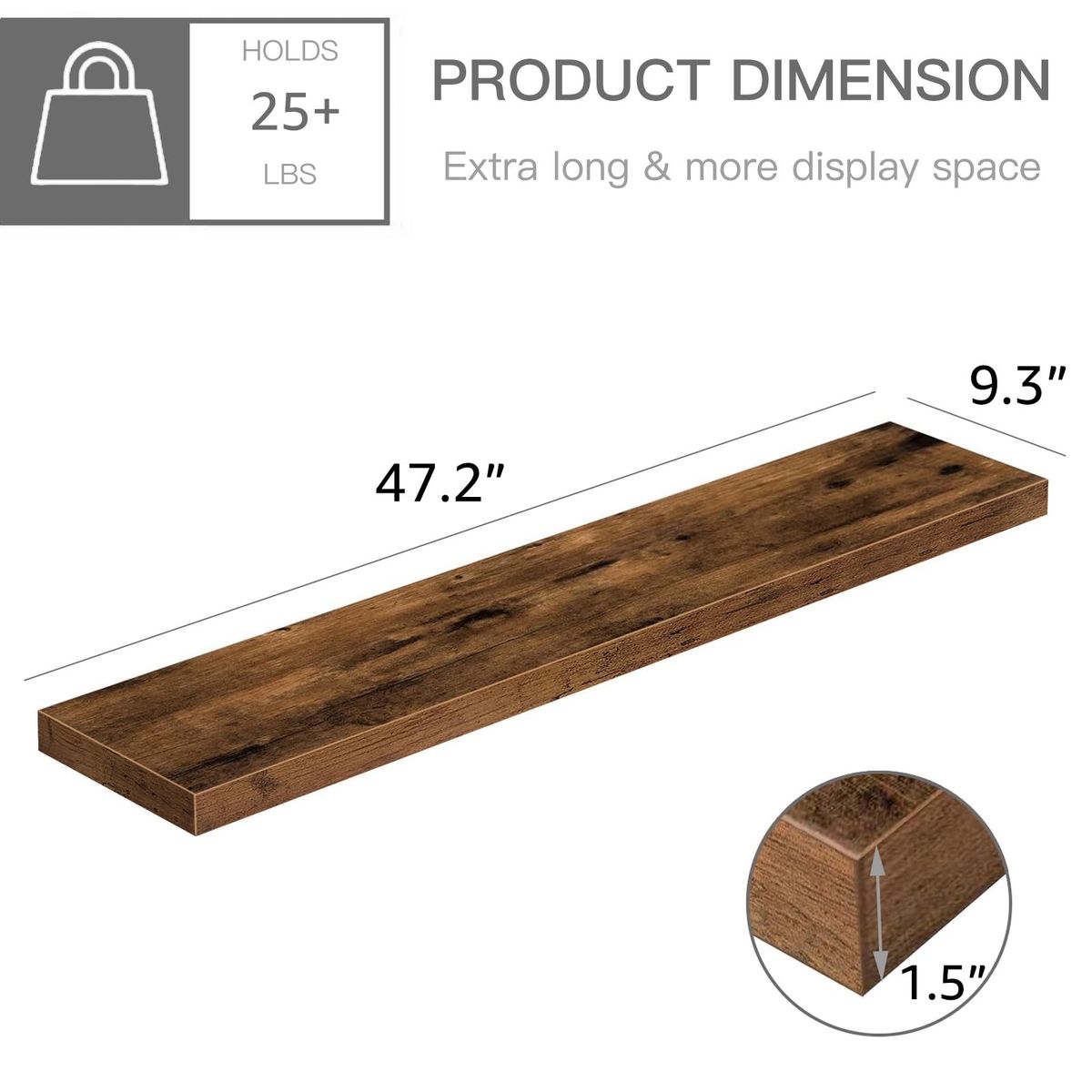 Rustic Wood Floating Wall Shelves (Set of 2) - 47.2" x 9.3" - 25+ lbs capacity