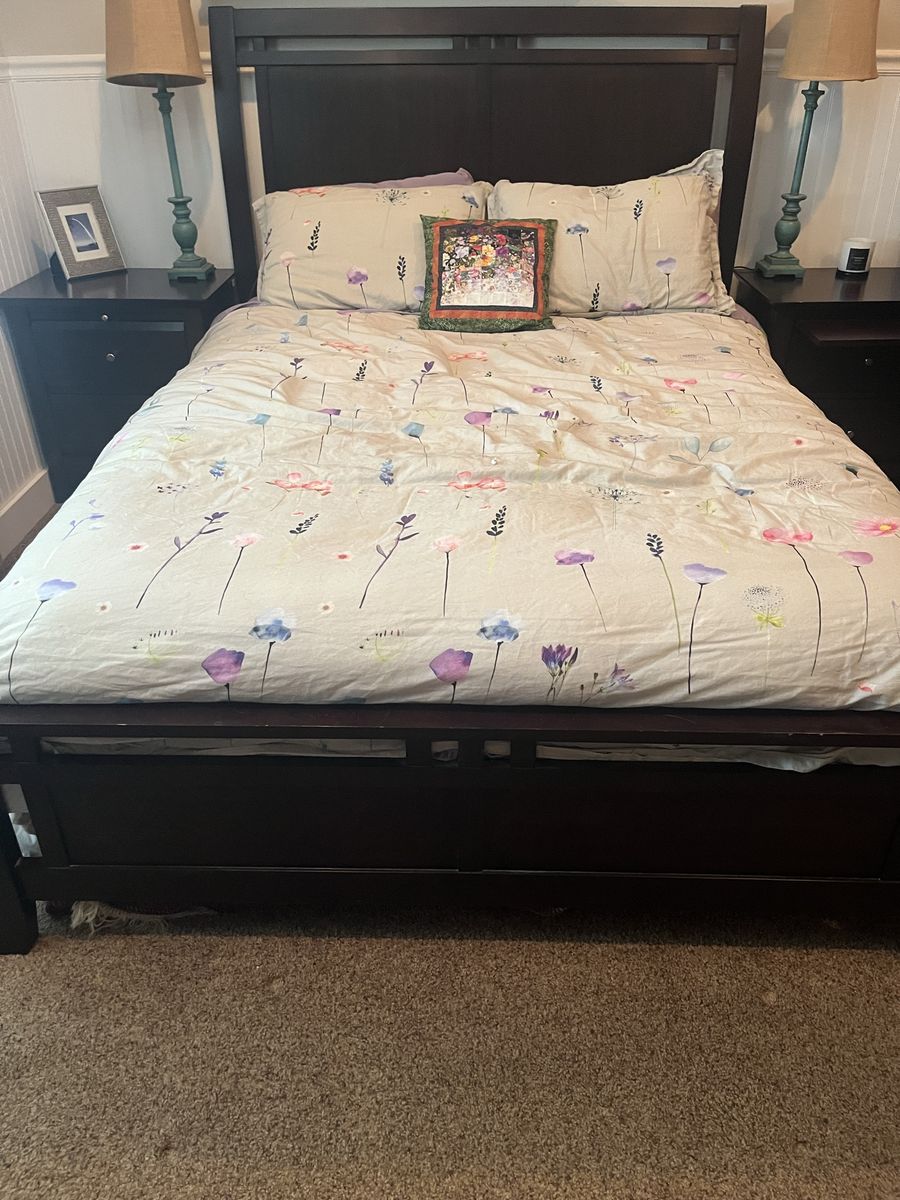 Dark Wood Bedroom Furniture Set - Queen Bed Frame, Tall Dresser & 2 Nightstands