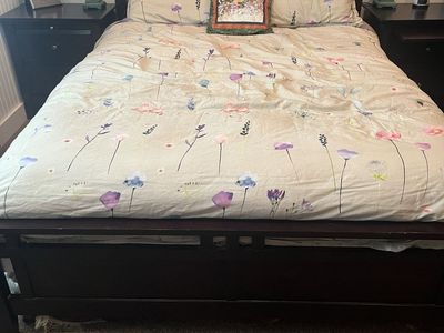 Dark Wood Bedroom Furniture Set - Queen Bed Frame, Tall Dresser & 2 Nightstands