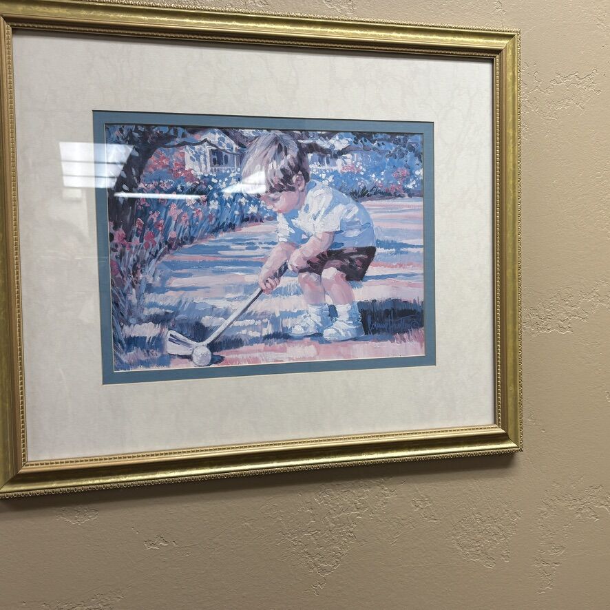 Framed Child Golf Print – 24.5” x 20.5” – Classic Gold Frame