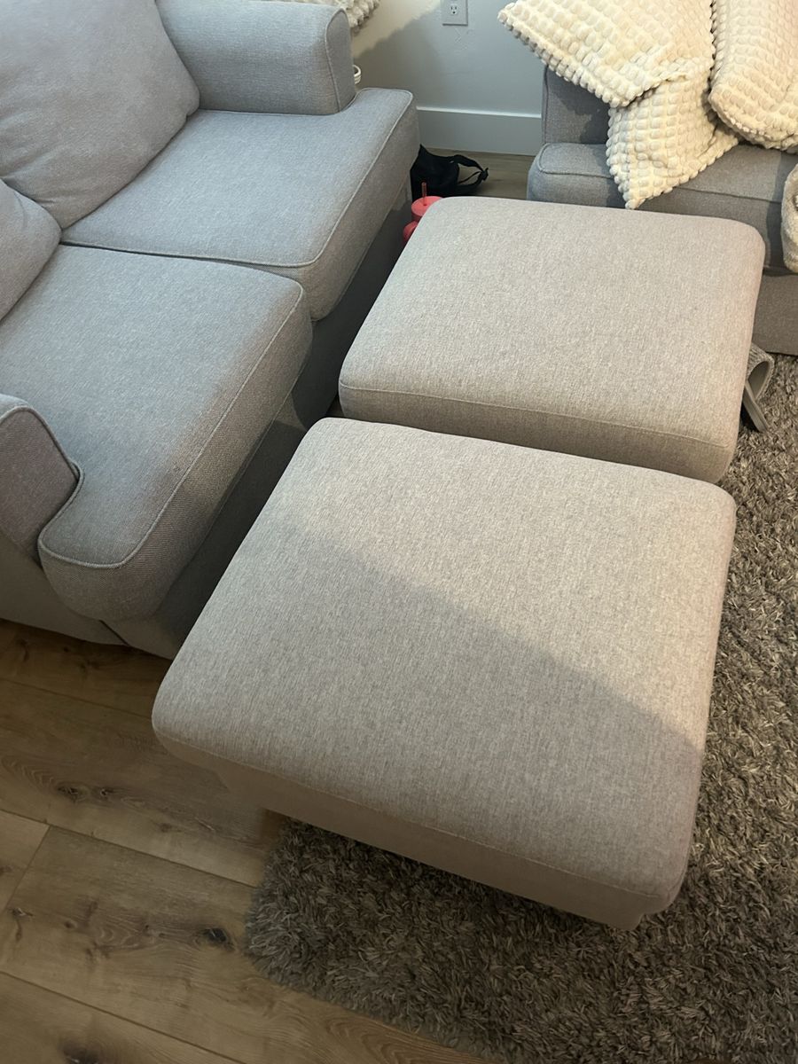 Light Gray Fabric Ottomans (Set of 2) - Excellent Condition, Comfortable Footrests/Extra Seating