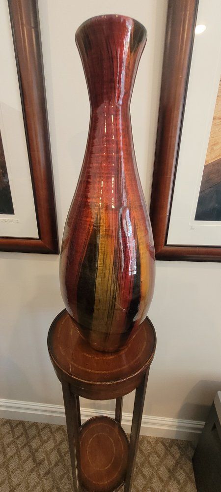 Large Floor Vase - Red, Orange, Yellow, Black Striped, 24 inches tall