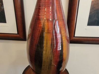Large Floor Vase - Red, Orange, Yellow, Black Striped, 24 inches tall
