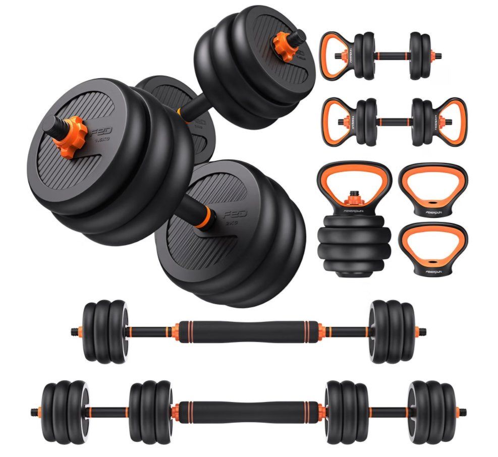 FEIERDUN DS2 Adjustable Dumbbells, 45lbs Free Weight Set with Connector, 5 in1 Dumbbells Set Used as Barbell, Kettlebells, Push