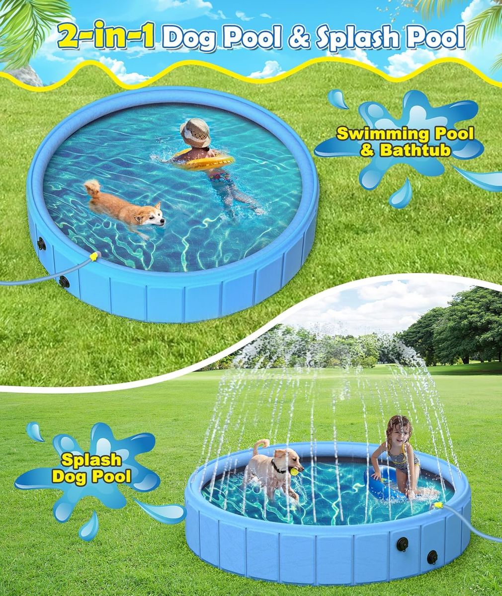 NEW Large Foldable Dog Pool – 0.55MM PVC 2-in-1 Portable Bathtub & Sprinkler (47 in)