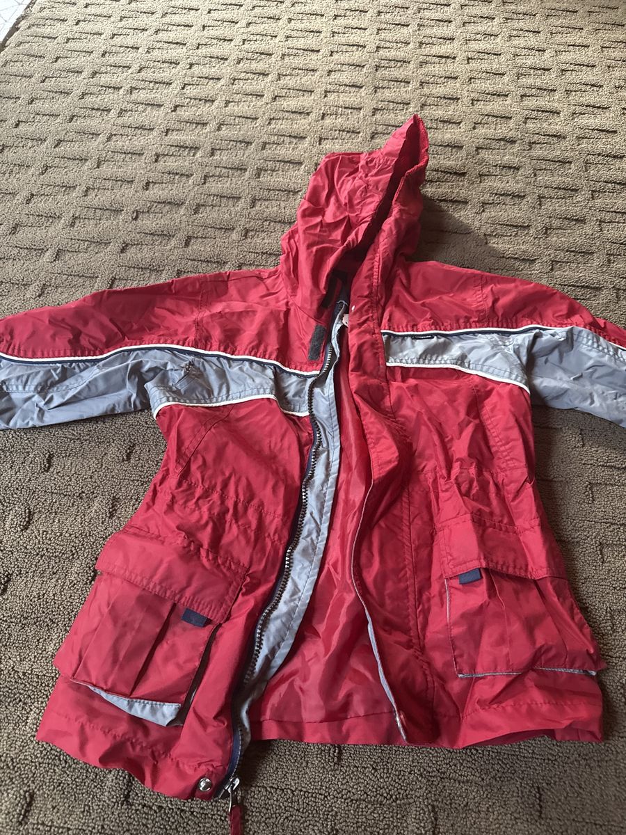 Red & Gray Water-Resistant Hooded Rain Jacket with Pockets - Lightweight Windbreaker