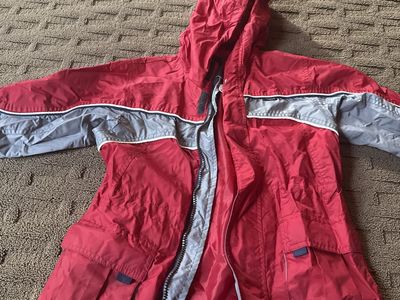 Red & Gray Water-Resistant Hooded Rain Jacket with Pockets - Lightweight Windbreaker