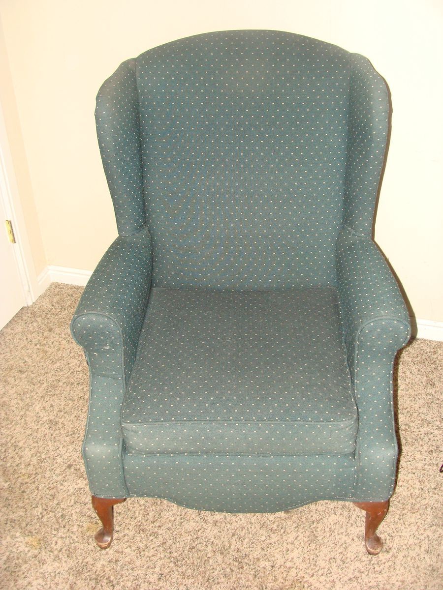 Wingback Chair / Dark Blue with Small Tan Accents in a Single Black Thread Diamond Pattern / Very Good Condition