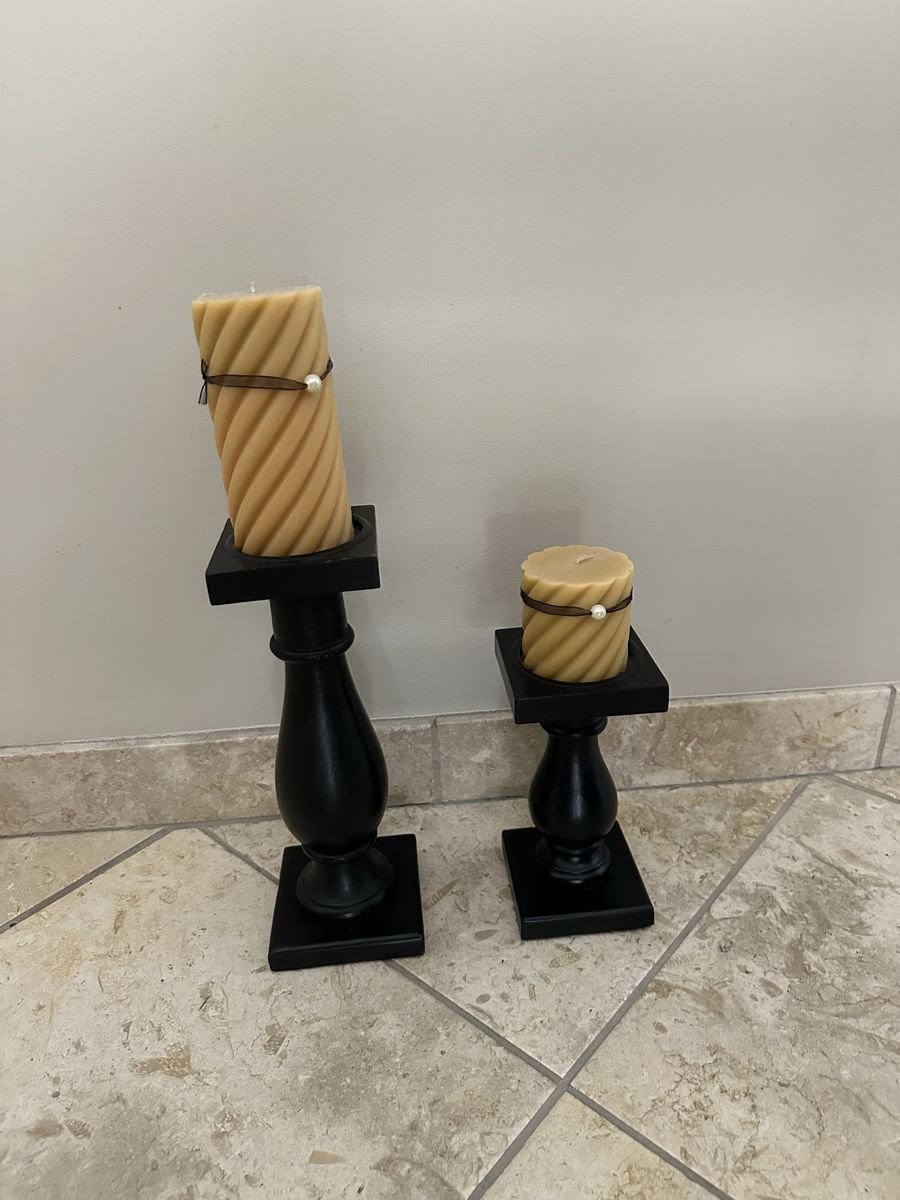 Set of 2 Black Wood Candle Holders with Tan Spiral Candles - Various Sizes Home Decor