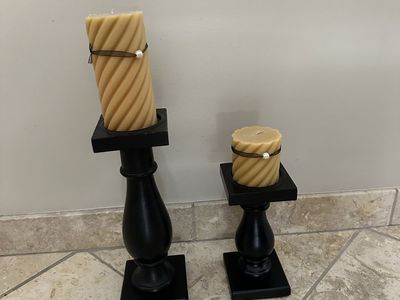 Set of 2 Black Wood Candle Holders with Tan Spiral Candles - Various Sizes Home Decor