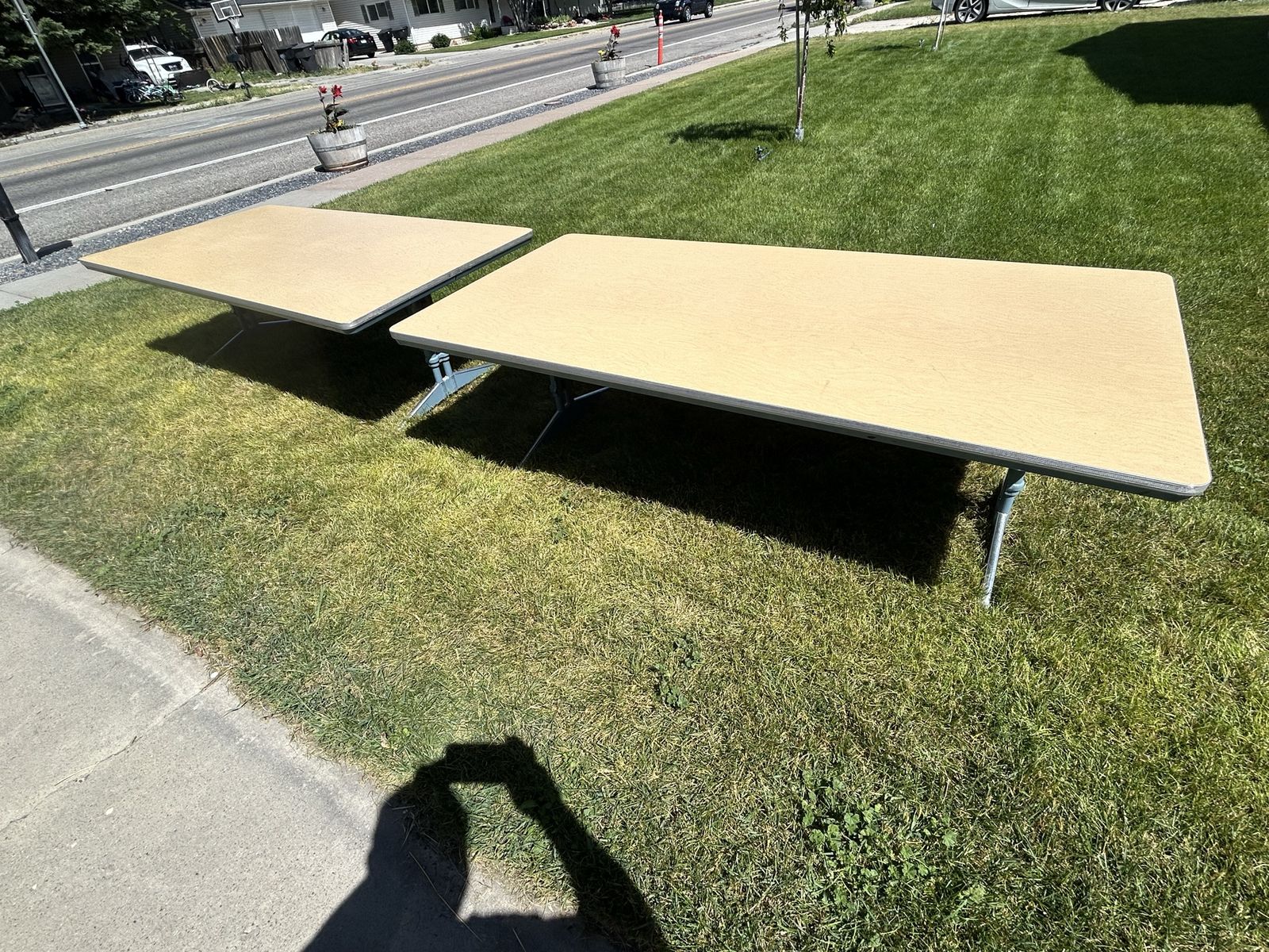 Lot of 2 Retro Amerex Adjustable Height Industrial Tables With Durable Veneer Top & Metal Legs, Great For School Patio or Garage