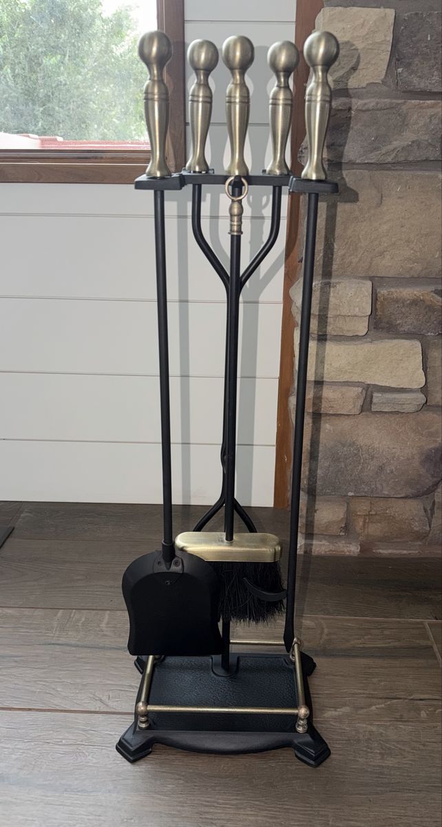 Black cast iron & Antique Brass 5-Piece Fireplace Tool Set with Stand