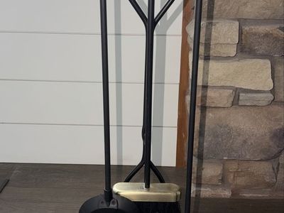 Black cast iron & Antique Brass 5-Piece Fireplace Tool Set with Stand