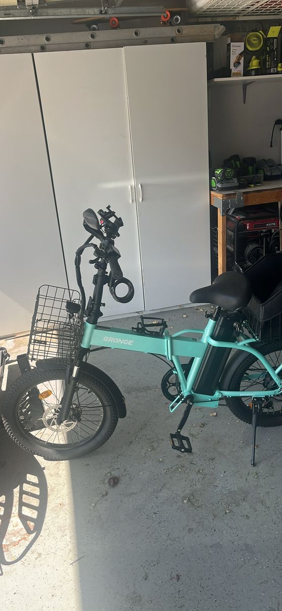 QRonge Waterfall 1000W Folding Electric Bike, Teal, with Front & Rear Baskets