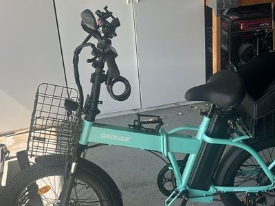 QRonge Waterfall 1000W Folding Electric Bike, Teal, with Front & Rear Baskets