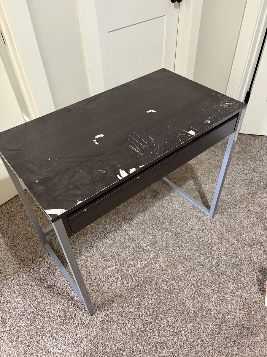 Compact Dark Wood & Metal Desk with Drawer - Modern Home Office Furniture