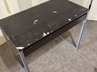 Compact Dark Wood & Metal Desk with Drawer - Modern Home Office Furniture
