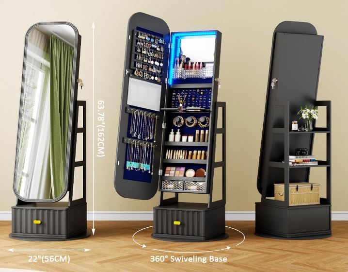 Dark Black 4-in-1 LED Mirror Jewelry Cabinet with 360° Swivel, Full-Length Mirror, and Storage