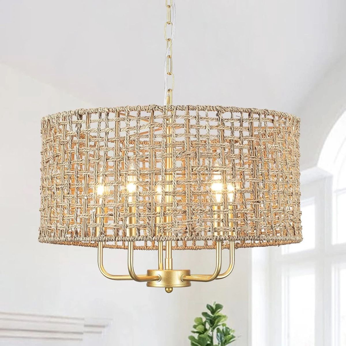5-Light Gold Hand-Woven Rattan Chandelier E12