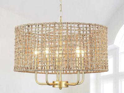 5-Light Gold Hand-Woven Rattan Chandelier E12
