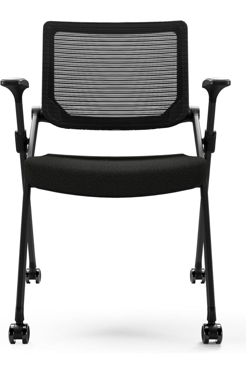 Folding Office Chair with Wheels and Mesh Back - Black, Stable & Space-Saving Design