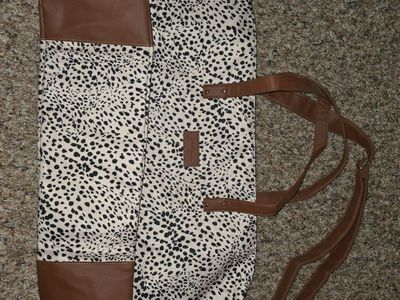 Spotted Travel Bag - Black and White Pattern with Brown Faux Leather Trim, Weekender Duffel