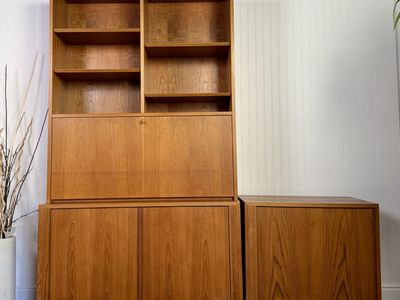 Danish MCM Teak Secretary Desk Storage Wall Unit