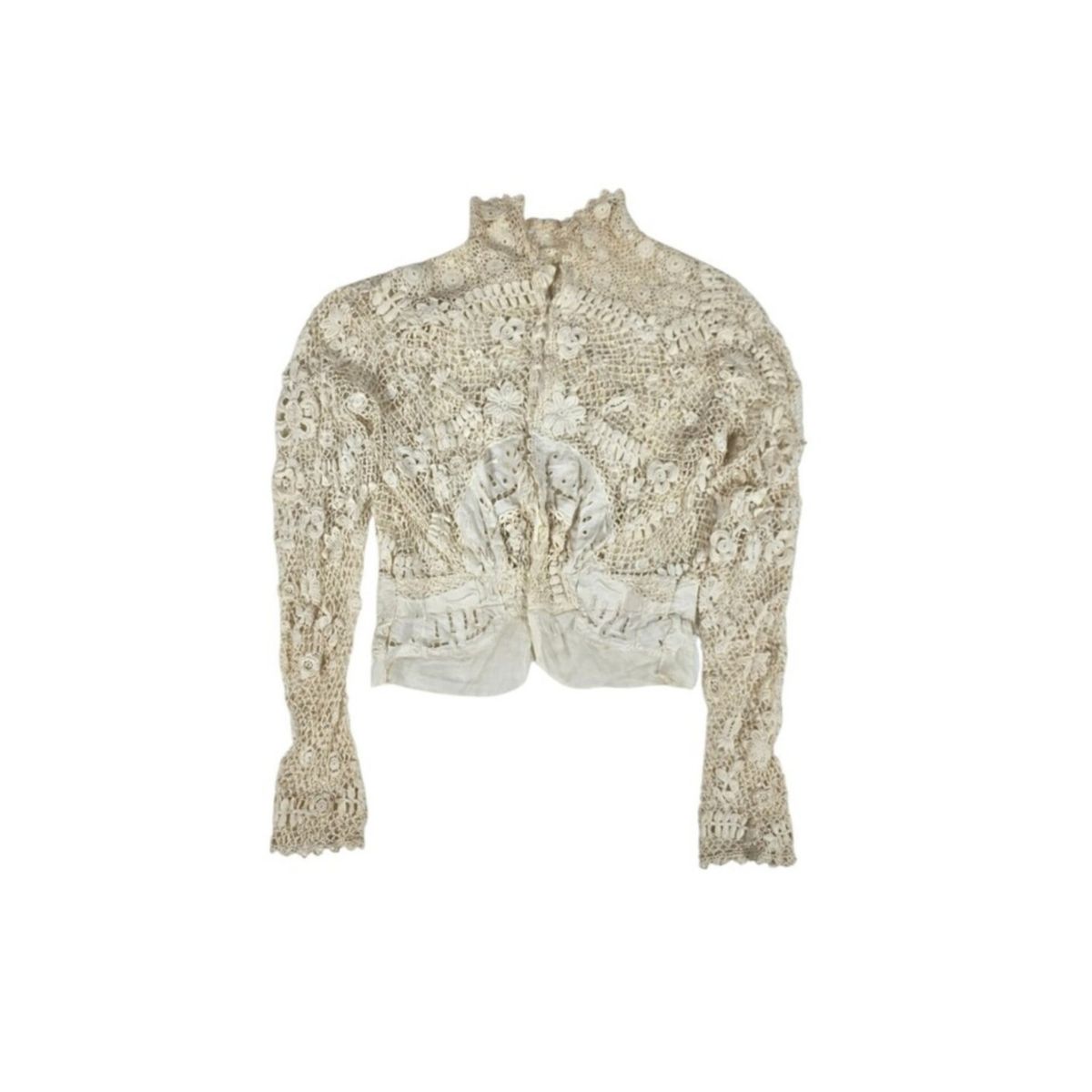 Antique Edwardian Irish Crochet Lace Blouse Bodice High Neck MOPearl Buttons