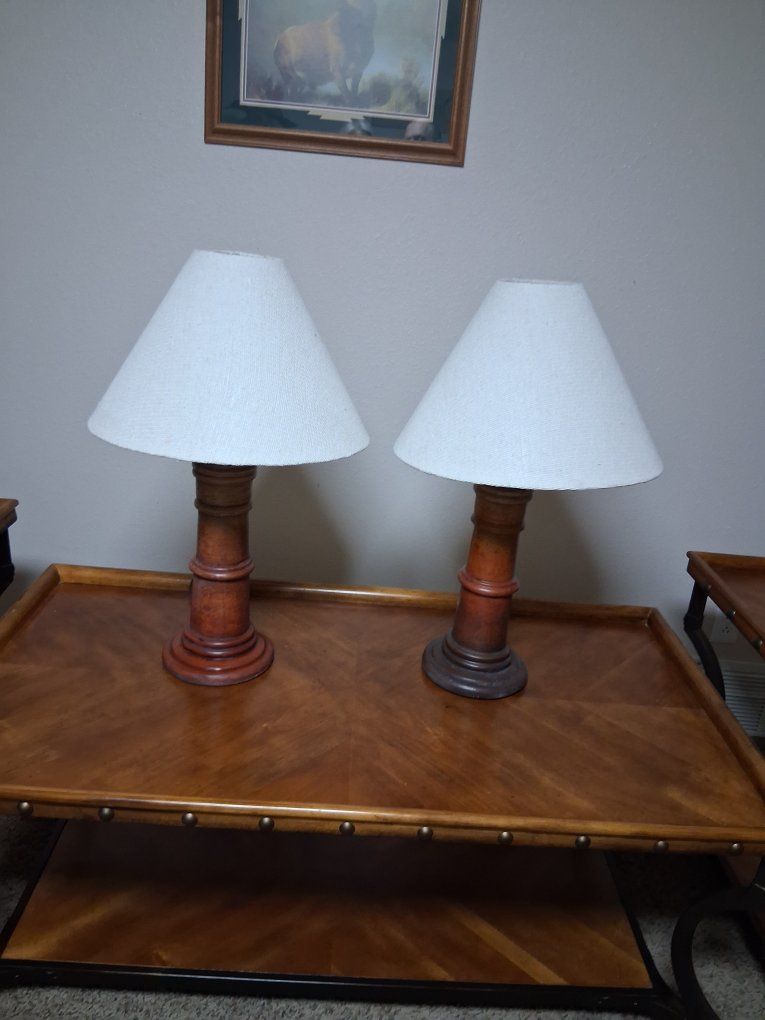 Pair of Wooden Table Lamps with cream colored Shades