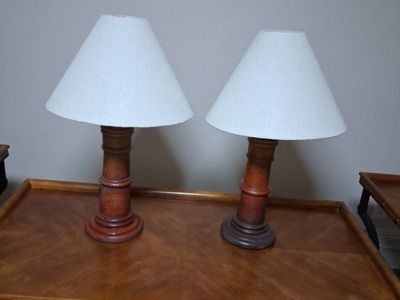 Pair of Wooden Table Lamps with cream colored Shades