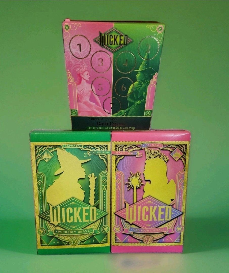 Wicked Movie Elphaba & Glinda Bath Fizzies Set - 7 Days of Spellbinding Bath Bombs AND 2 COLLECTIBLE CEREAL BOXES,  SEALED. 