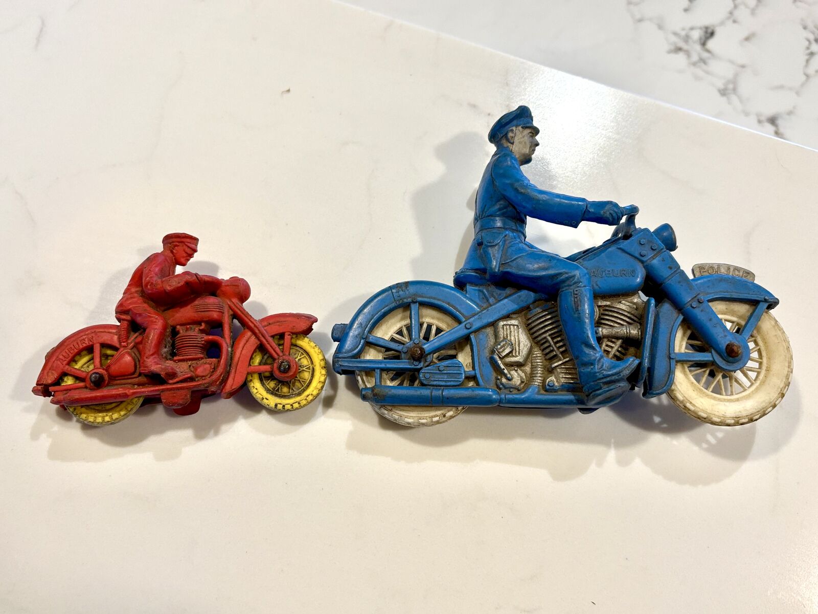1950’s antique rubber Auburn toy motorcycles. Awesome decorations Vintage