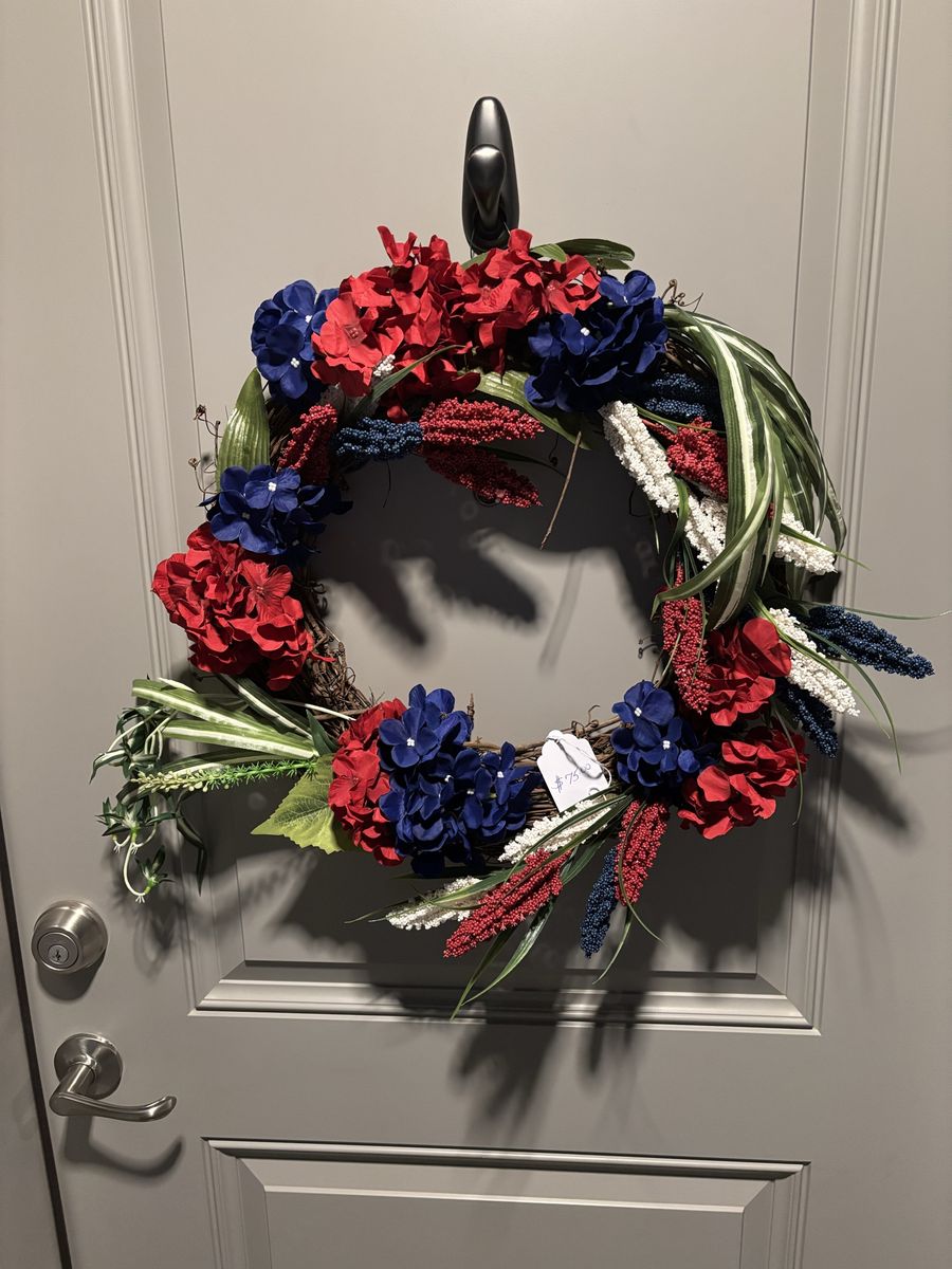 Handmade Patriotic Red, White, & Blue Floral Wreath - Door Decor, 20-24 inch