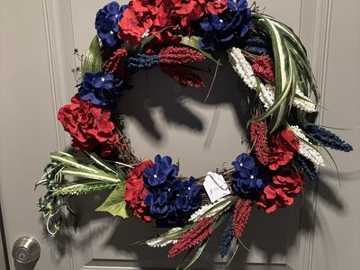 Handmade Patriotic Red, White, & Blue Floral Wreath - Door Decor, 20-24 inch