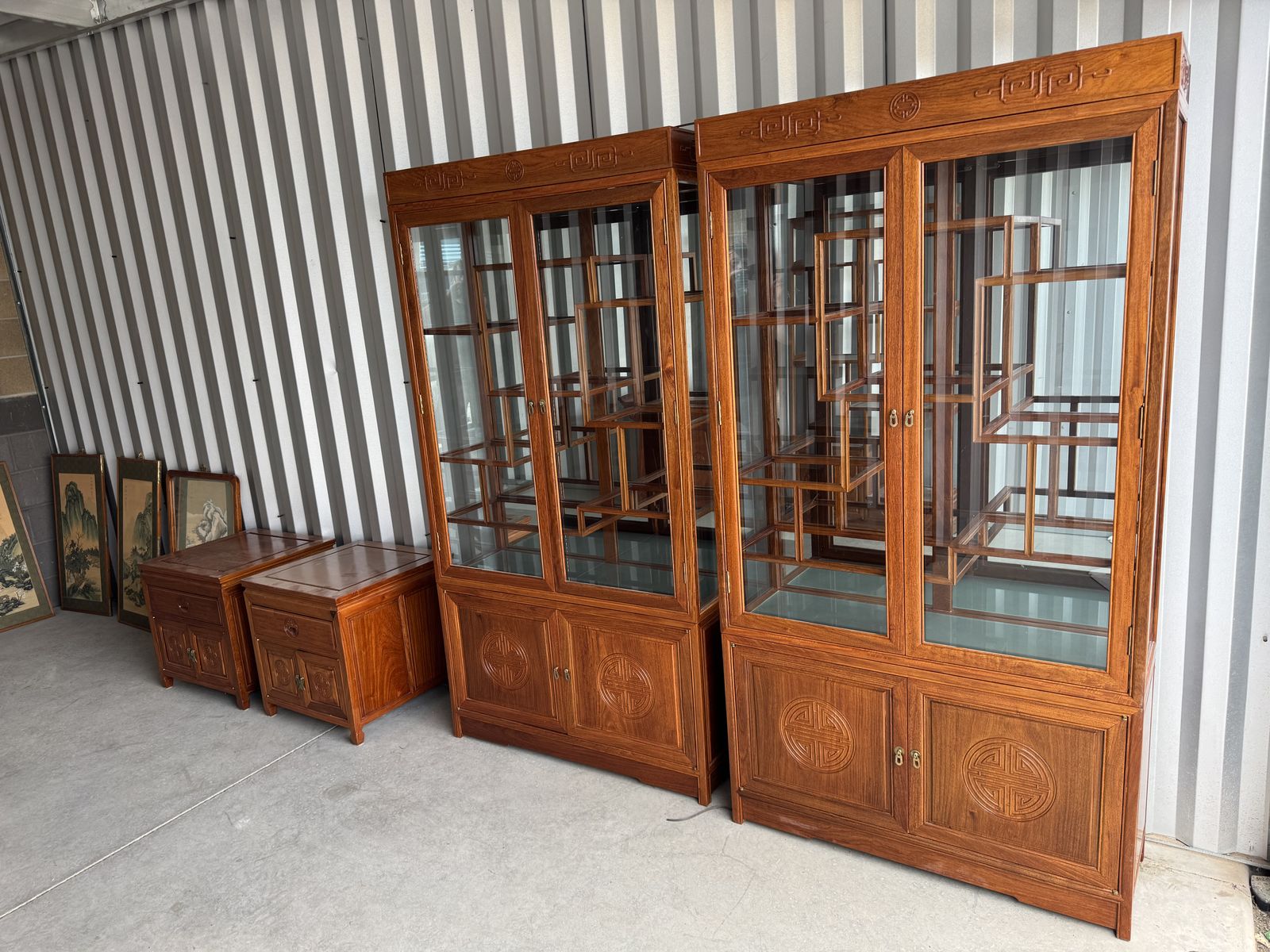 5 piece Asian Oriental Wood Furniture Set - Display Cabinets, Cabinets, and Art