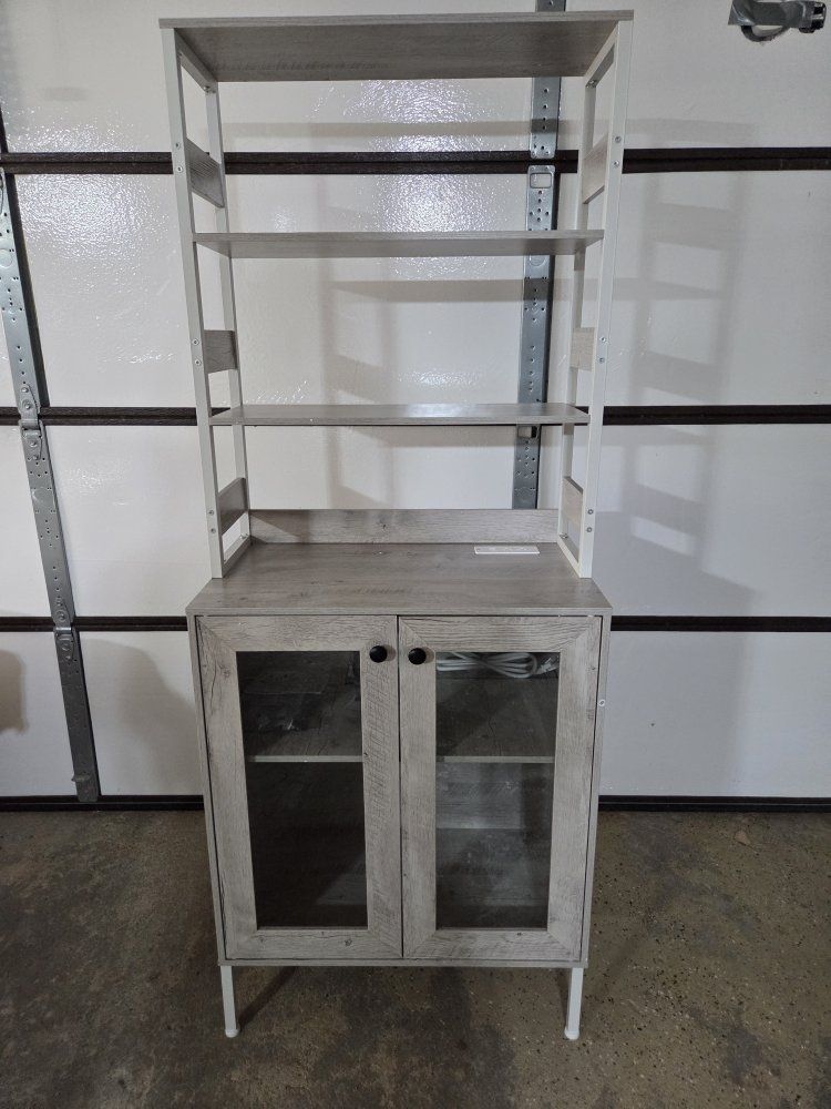 New! Grey wood pattern Hutch with Display Shelves, Cabinet, and Built-in Power Outlet