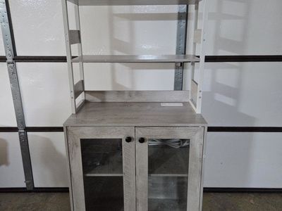 New! Grey wood pattern Hutch with Display Shelves, Cabinet, and Built-in Power Outlet