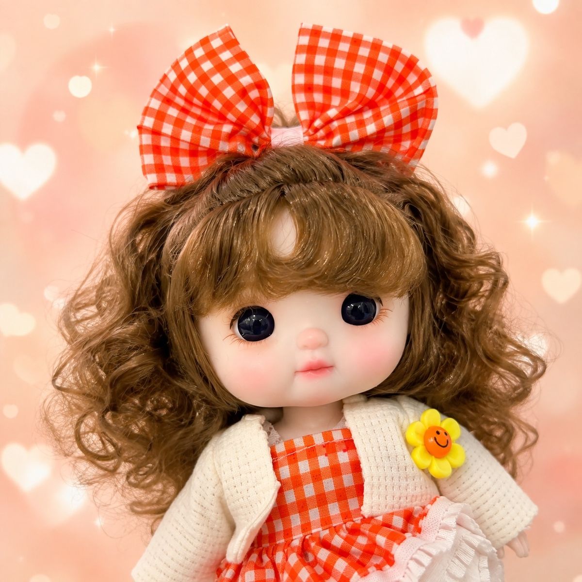 Rare Xin Ji Yuan Collectible Doll Orange Gingham Outfit Curly Hair Super Cute!