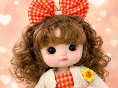 Rare Xin Ji Yuan Collectible Doll Orange Gingham Outfit Curly Hair Super Cute!