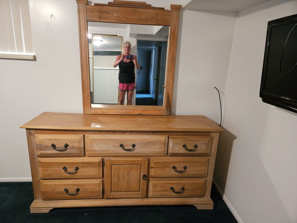 Wooden Dresser with Matching Mirror and Storage Cabinet