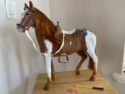 Our Generation 18" Doll Horse Brown & White Pinto w/ Saddle, Bridle & Accessories & Riding Outfit for an 18” doll
