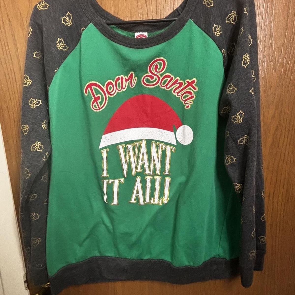 Holiday Time “Dear Santa I Want It All” Christmas Sweatshirt XL (15-17) Green Raglan Sleeve