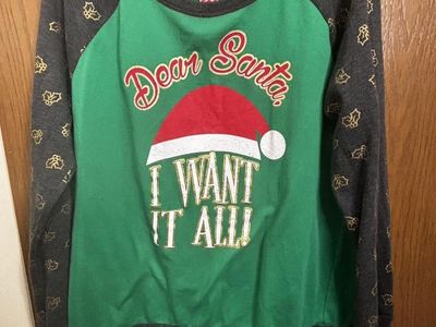 Holiday Time “Dear Santa I Want It All” Christmas Sweatshirt XL (15-17) Green Raglan Sleeve