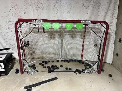 EZ Goal hockey net with target corner nets and 4 magnetic targets