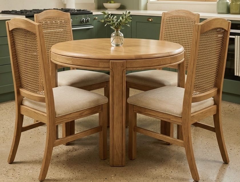 1989 Vintage Keller Solid Oak Dining Set – Round/Oval Table & 4 Cane-Back Chairs