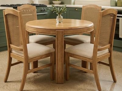 1989 Vintage Keller Solid Oak Dining Set – Round/Oval Table & 4 Cane-Back Chairs