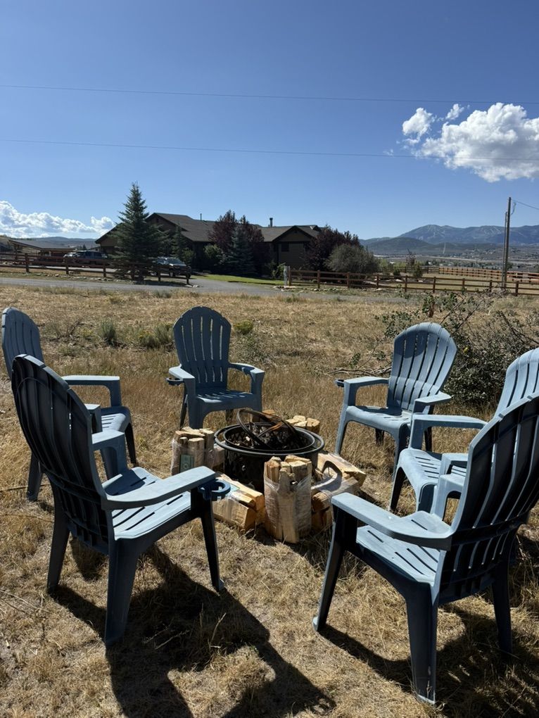 6 Adirondack Chairs, Fire Pit and Bundled Firewood